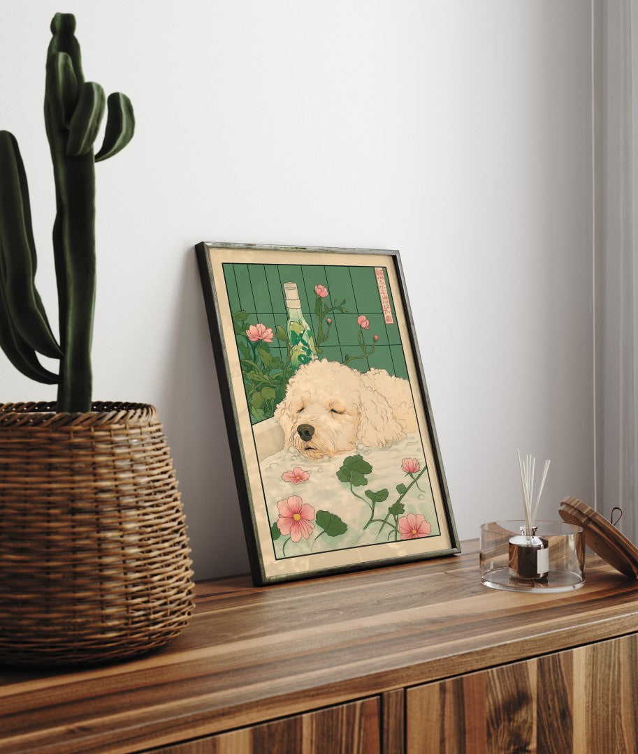 Framed bathroom decor featuring a calm beige poodle in a floral Japanese-style bath