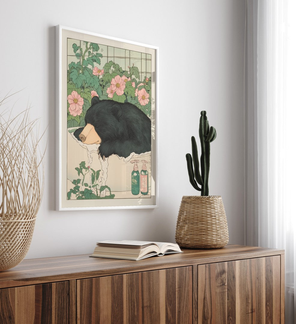 High-quality framed black bear bathroom print with gentle color and nature vibes