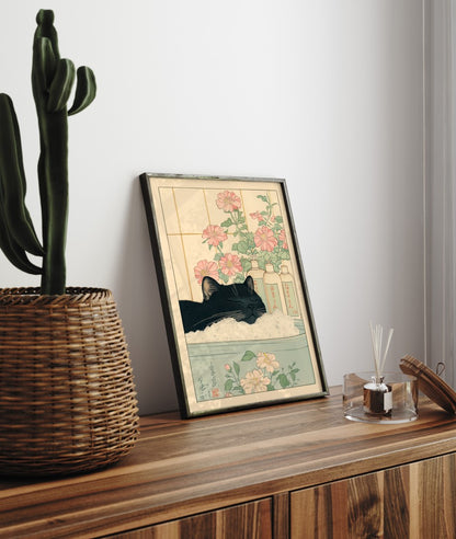 Entspannende japanische schwarze Katze in der Badewanne