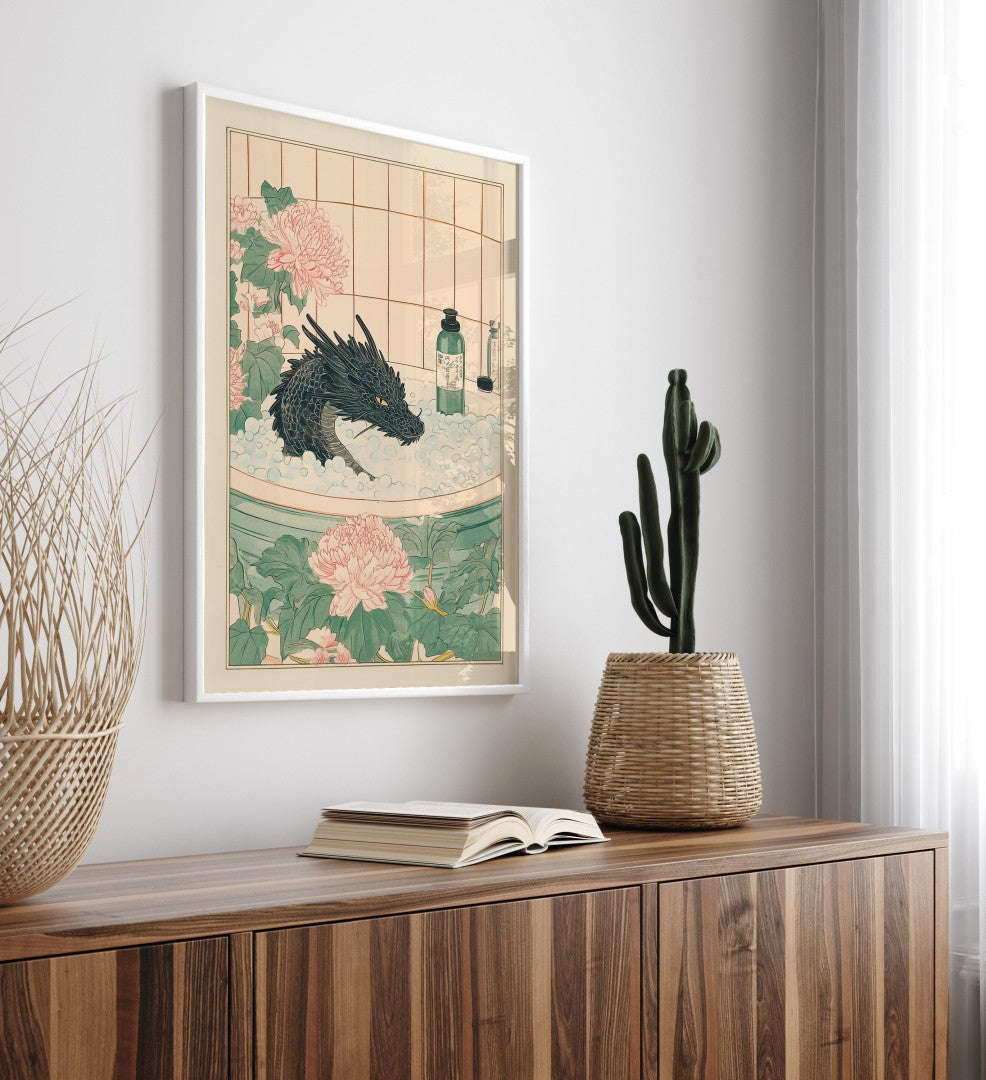 High-quality framed black dragon bathroom wall art with floral surroundings