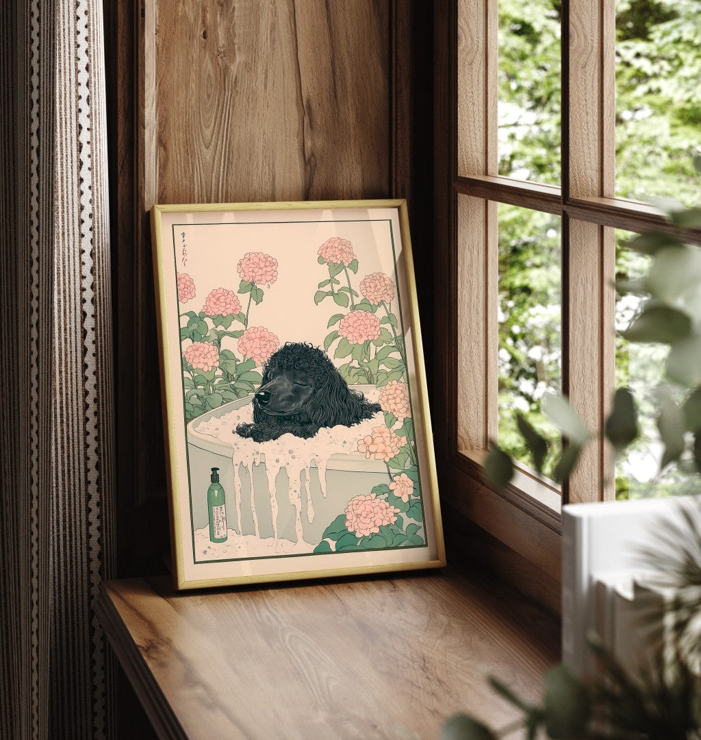 Framed black poodle bathroom wall art with botanical details and calm tones
