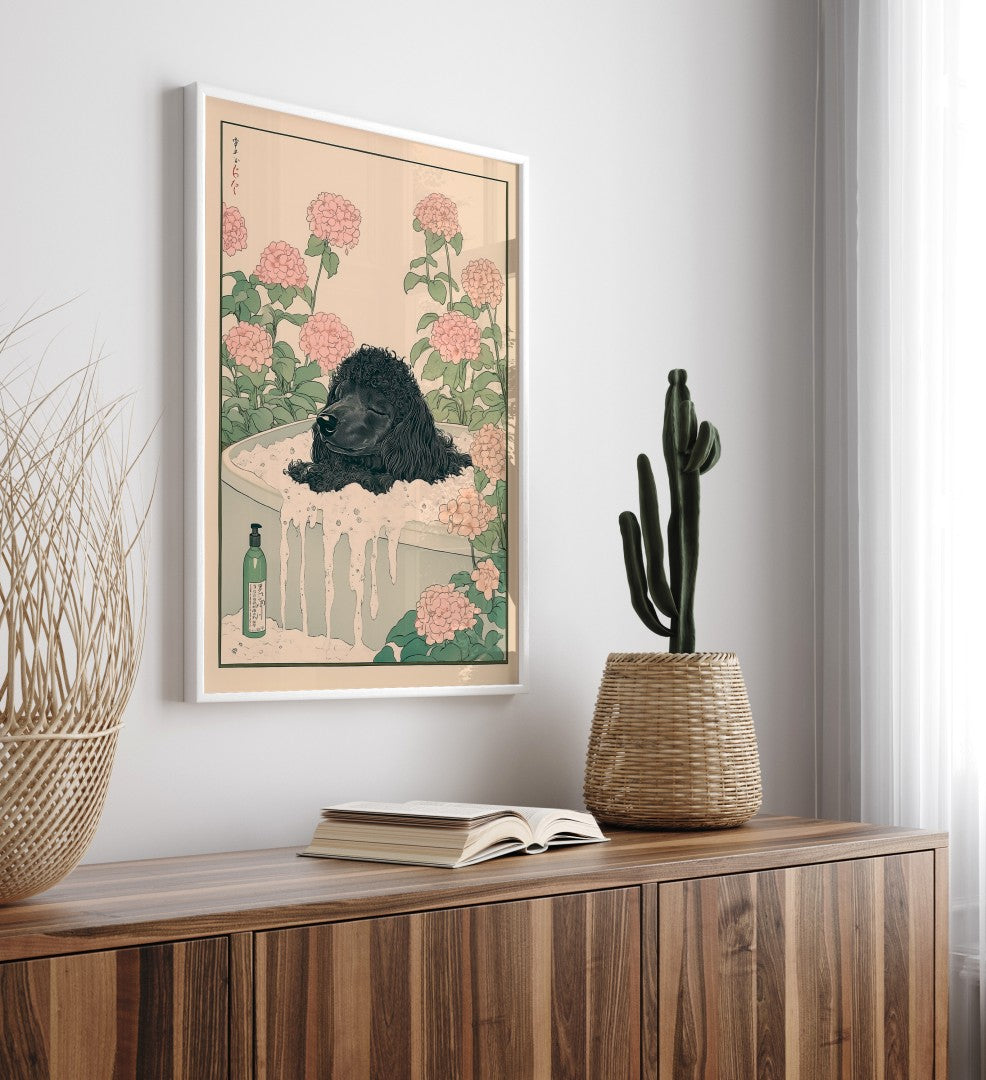 High-quality framed black poodle bathroom print with soft flowers and elegant styling