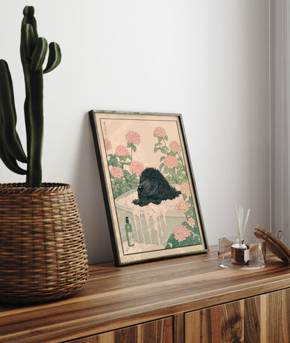 Framed bathroom decor featuring a black poodle in a peaceful Japanese-style soak