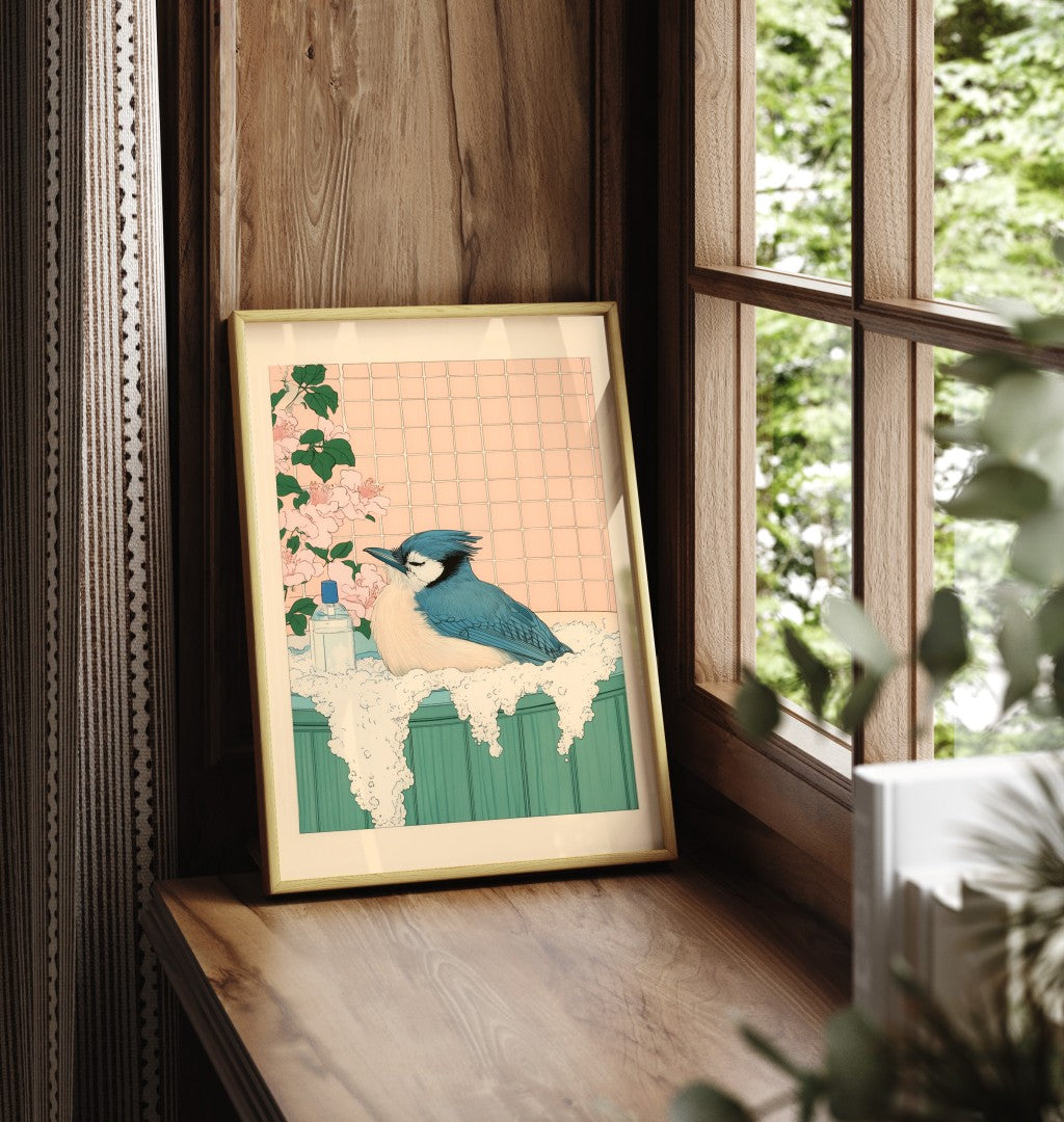 Framed bathroom wall art of a blue jay in a tranquil Japanese floral soak