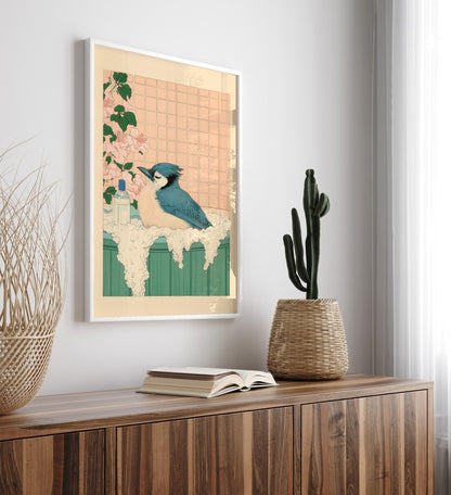 Framed bathroom decor featuring a blue jay in a serene flower-filled bath