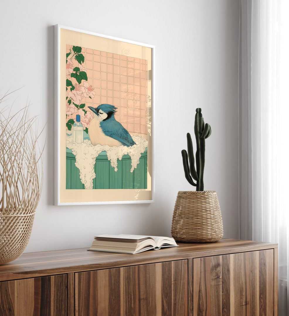 Framed bathroom decor featuring a blue jay in a serene flower-filled bath