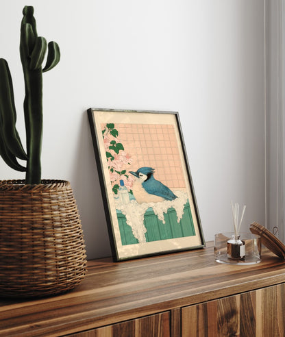 High-quality framed blue jay bathroom print with botanical and pastel accents