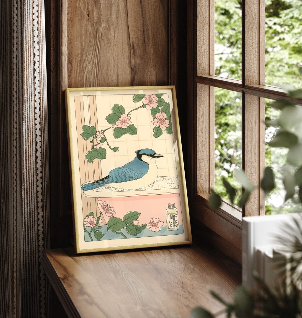 Framed bathroom print with a blue jay surrounded by delicate florals and foliage