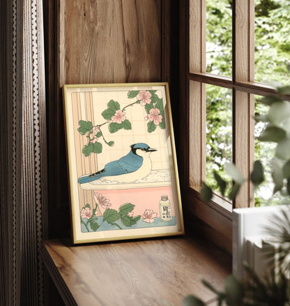 Framed bathroom print with a blue jay surrounded by delicate florals and foliage