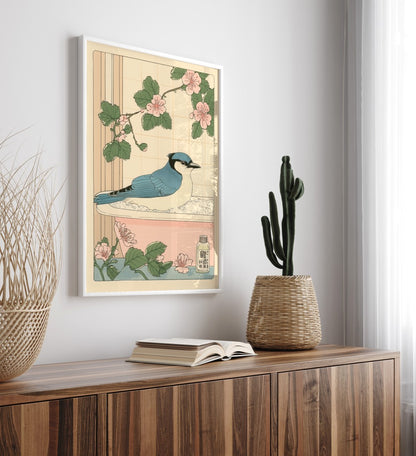 High-quality framed blue jay bathroom wall art in a botanical Japanese setting