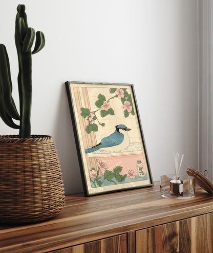 Framed bathroom decor showing a relaxed blue jay in a pastel flower bath