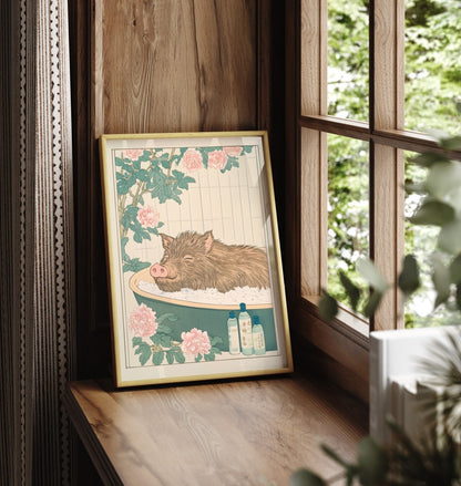 Framed bathroom print of a relaxed boar in a peaceful flower soak