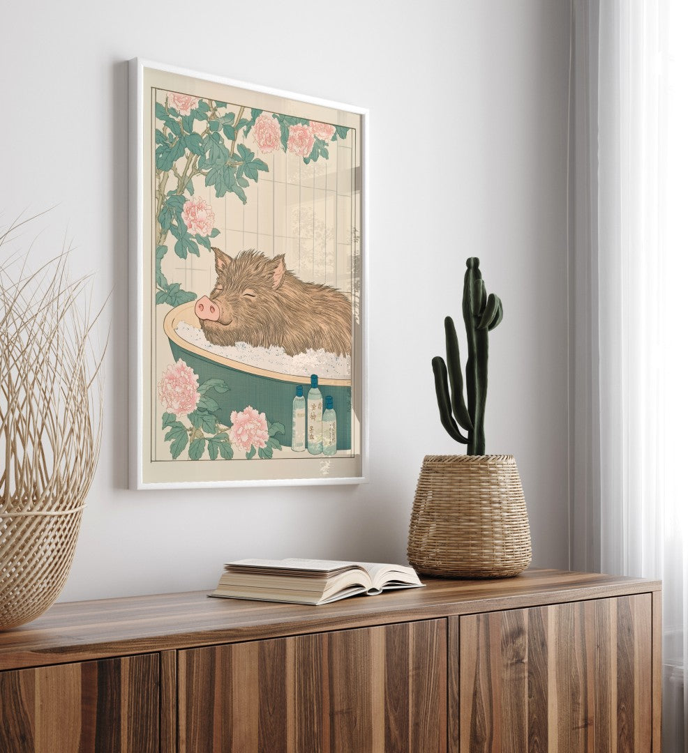 High-quality framed boar bathroom wall art with soft botanical detail