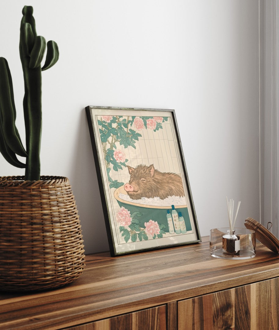 Framed bathroom decor showing a calm boar in a floral Japanese bath