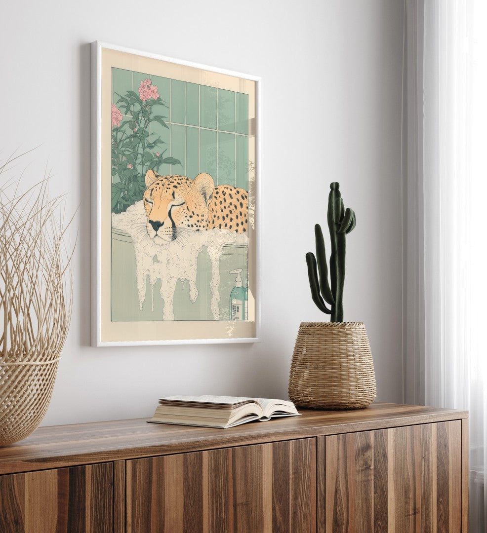 High-quality framed cheetah bathroom print with botanical background