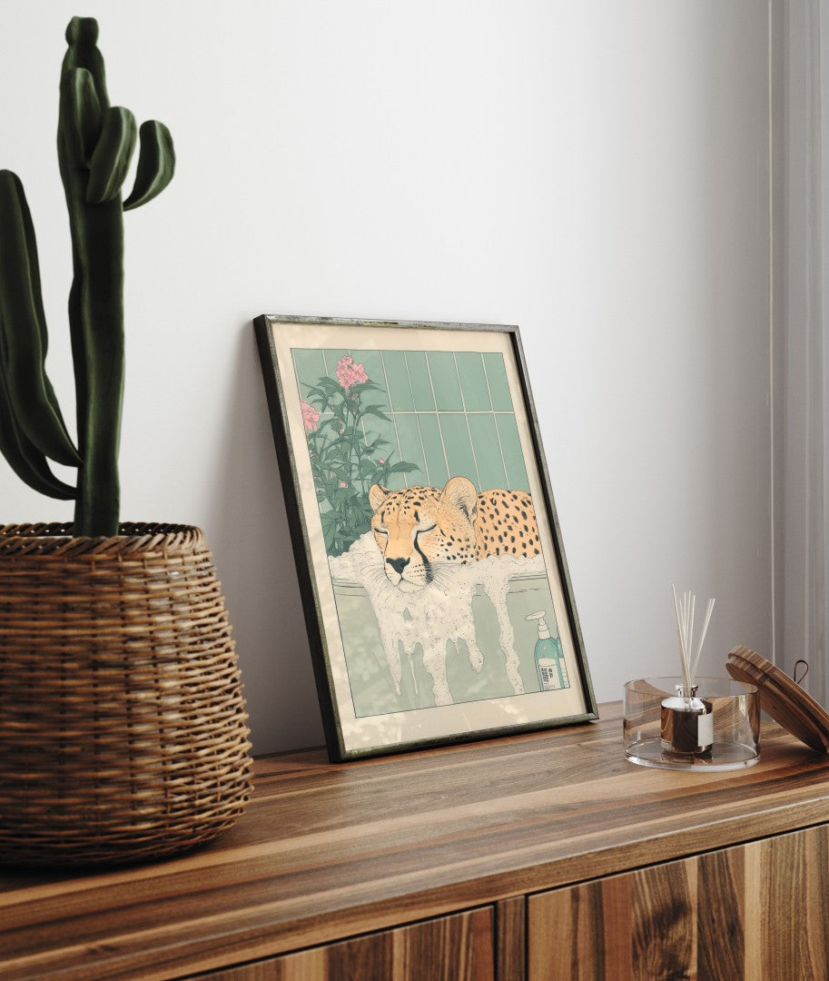 Framed bathroom decor showing a calm cheetah in a floral Japanese bath