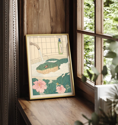 Framed snake bathroom wall art with natural colors and peaceful composition