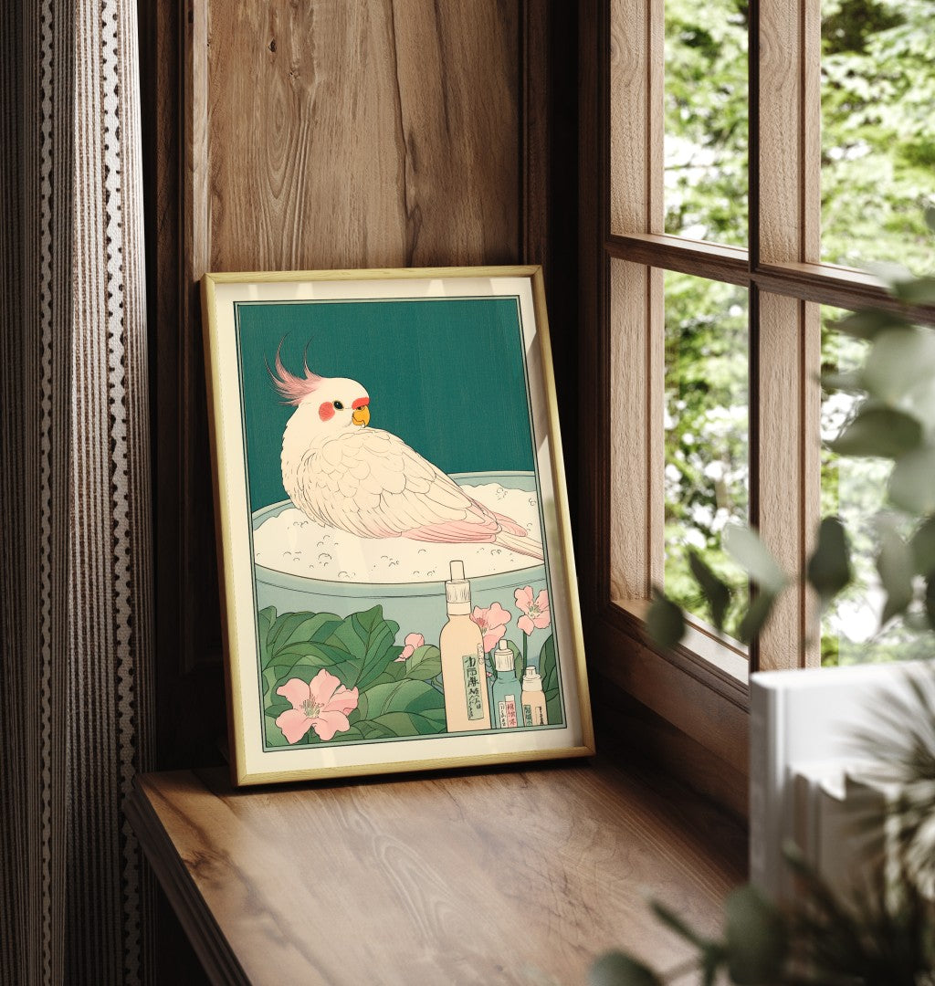Framed bathroom print of a cockatiel in a lighthearted Japanese floral soak