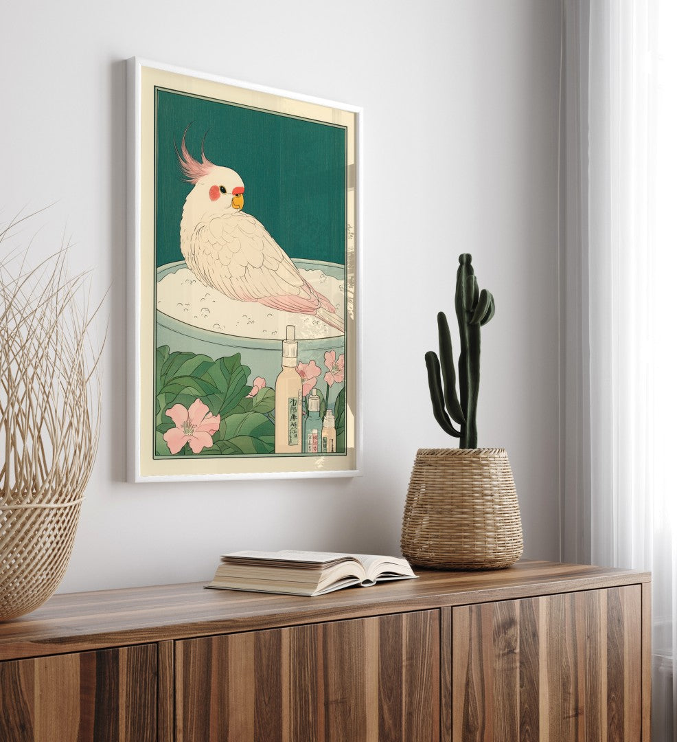 High-quality framed cockatiel bathroom wall art with pastel blooms and steam