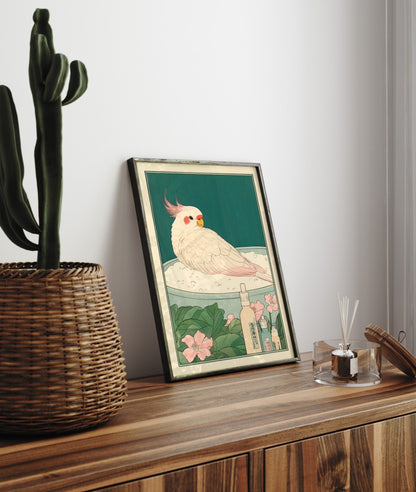 Framed bathroom decor featuring a cockatiel in a whimsical botanical bath scene