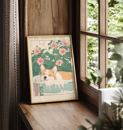 Framed bathroom print of a corgi in a flower-filled soak with pastel colors
