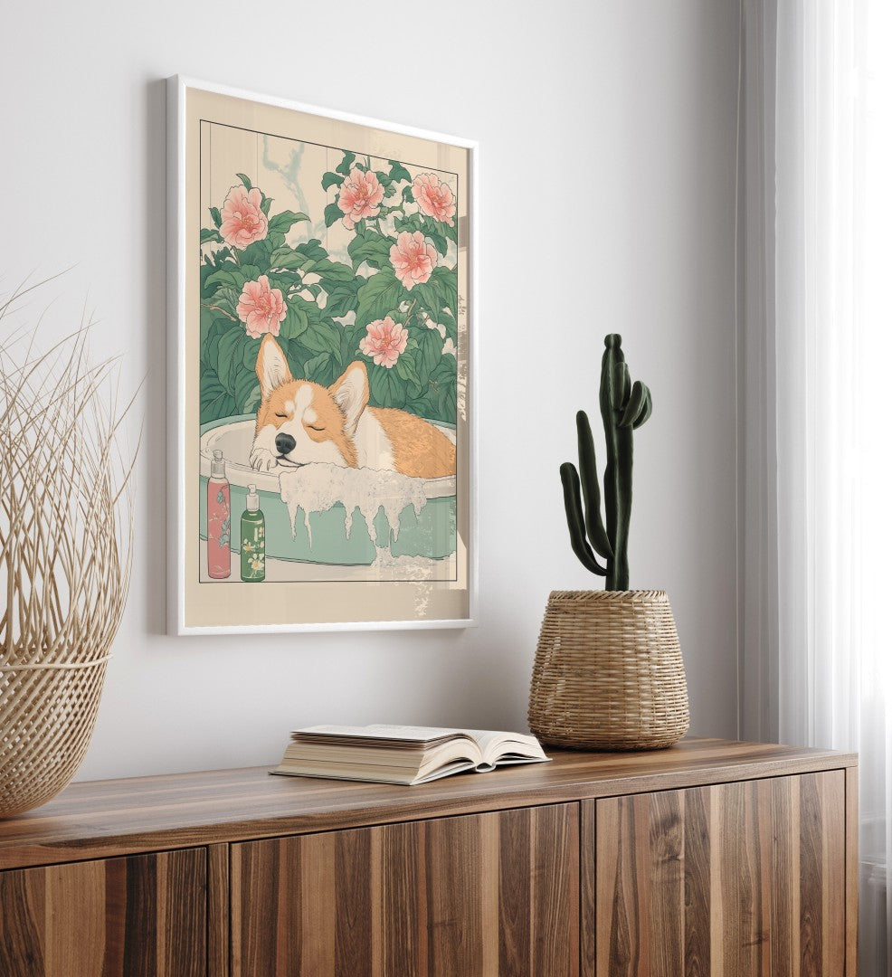 High-quality framed corgi bathroom wall art with playful charm and botanical accents