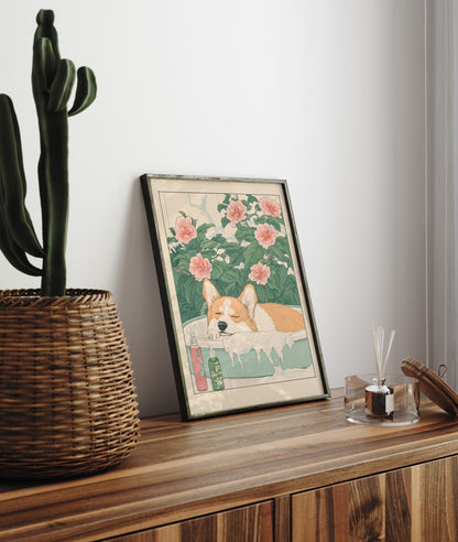 Framed bathroom decor featuring a content corgi in a floral Japanese-style bath
