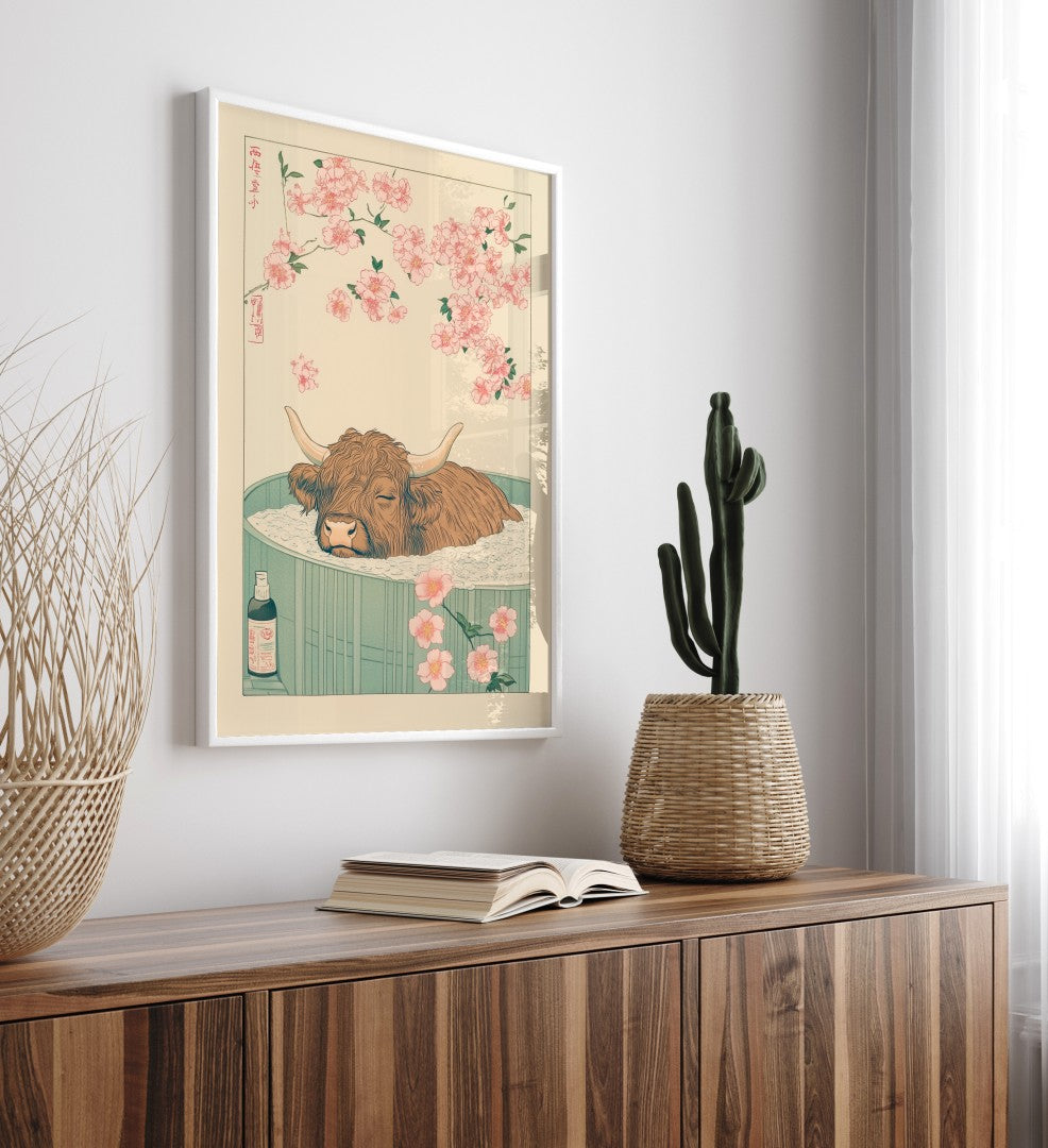 High-quality framed Highland cow bathroom wall art with cozy rustic styling