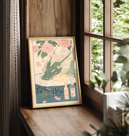 Framed green dragon bathroom wall art with gentle tones and botanical accents