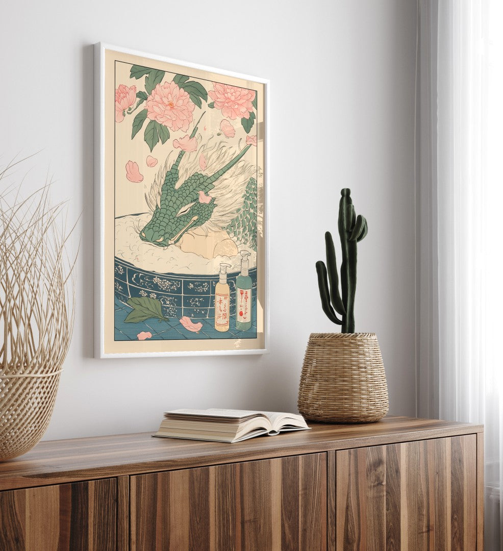 High-quality framed green dragon bathroom print with peaceful fantasy style