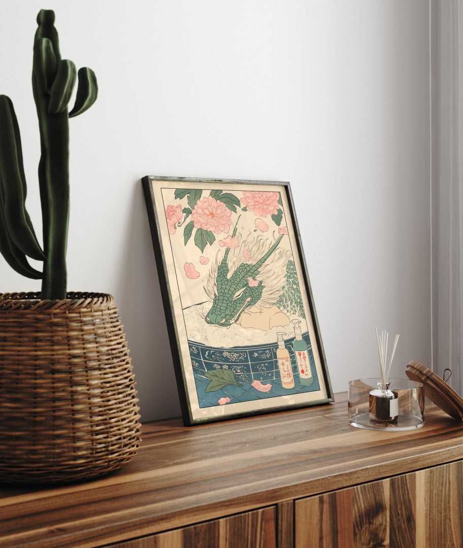 Framed bathroom decor showing a green dragon in a soft Japanese-style flower bath