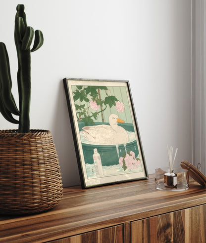 Framed bathroom decor featuring a duck in a tranquil Japanese-style floral soak