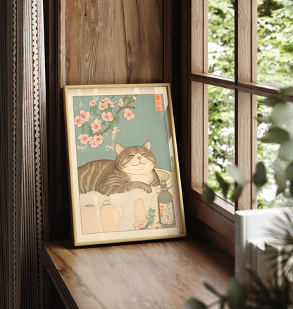 Japanese cat in bathtub print