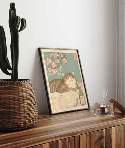 Japanese bathroom print with a tabby cat