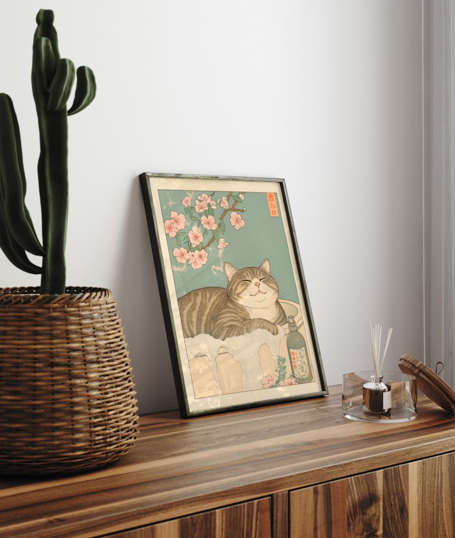 Japanese bathroom print with a tabby cat
