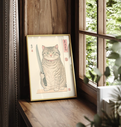 Humorous framed print of a serious cat with a knife in paw, inspired by traditional ukiyo-e art