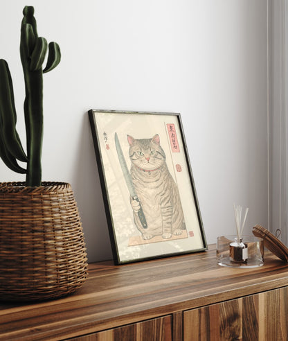 Decorative cat print in Japanese style featuring a stern tabby gripping a knife