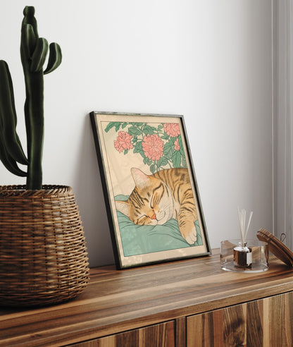Framed illustration of a cozy sleeping cat resting beneath soft petals and leaves