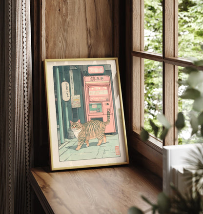 Illustration of a striped cat strolling through a peaceful Japanese alleyway