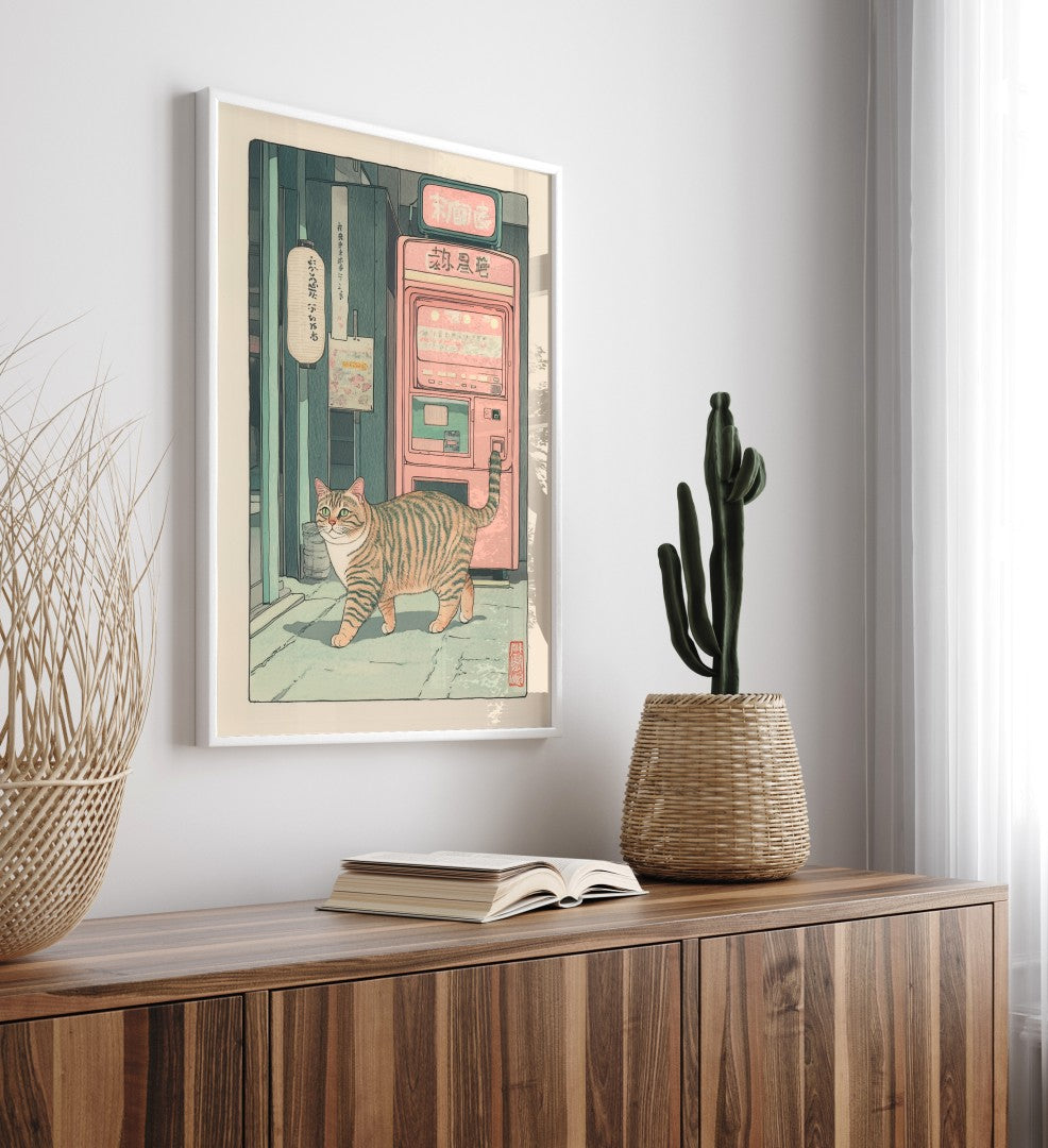 Retro-inspired framed print of a cat walking in front of a glowing vending machine