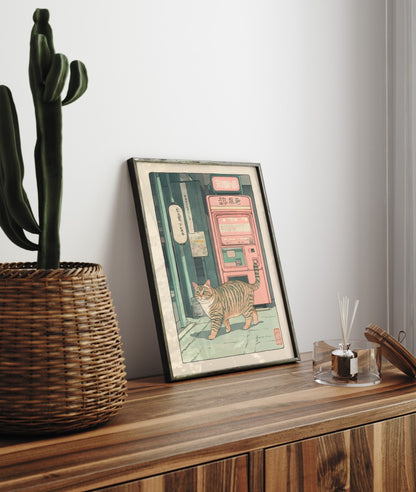 Tabby cat art print featuring traditional Japanese street design and soft city lighting