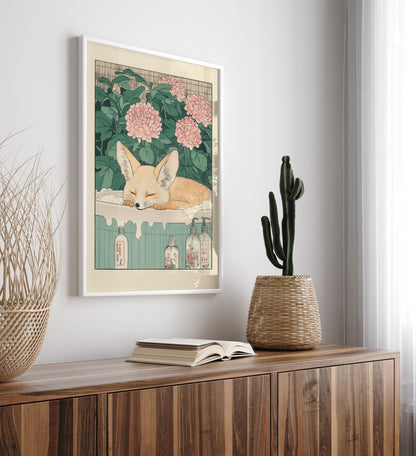 High-quality framed fennec fox bathroom wall art with soft florals and pastel tones