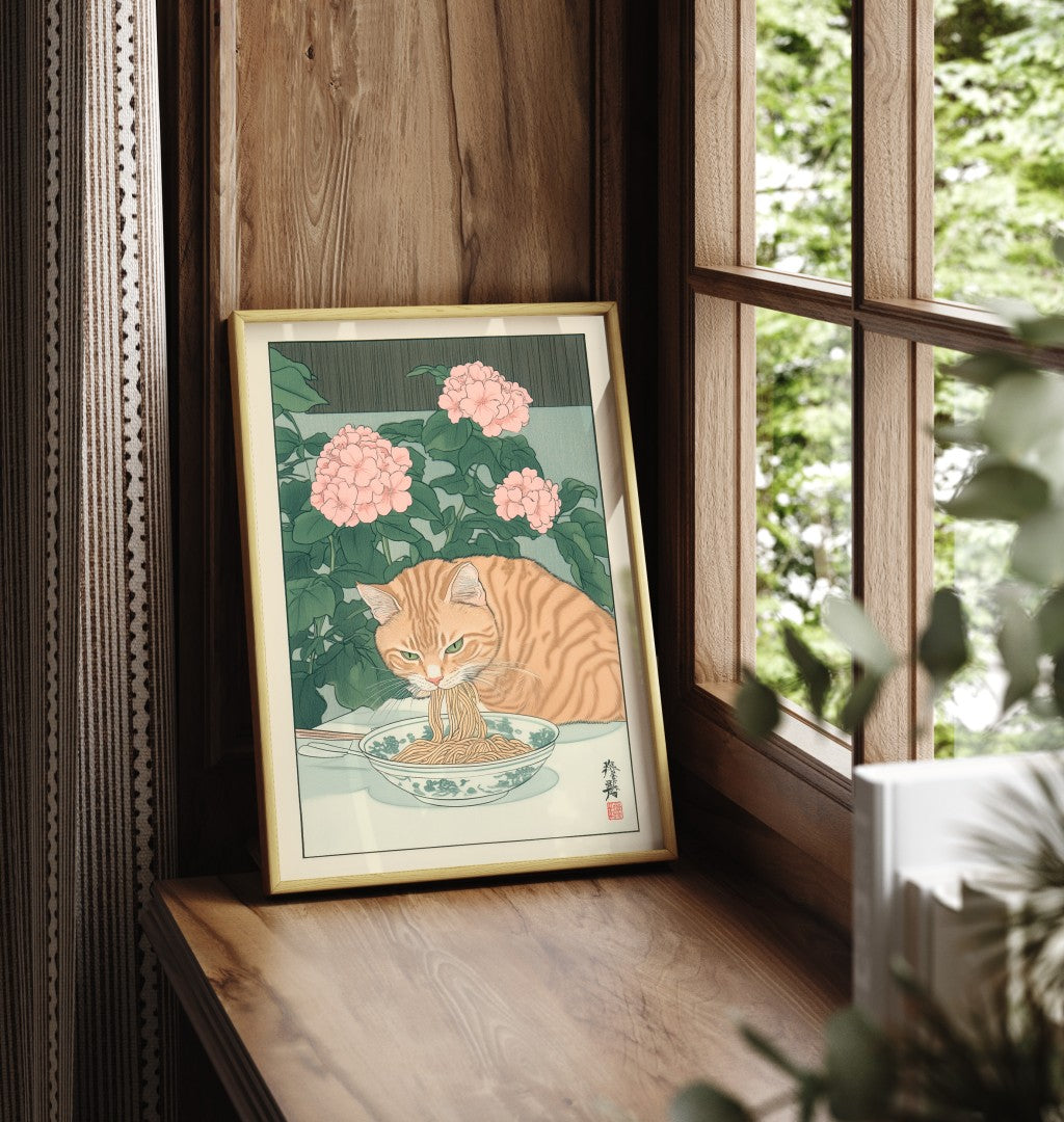Japanese-inspired framed artwork of a cat slurping noodles at a table