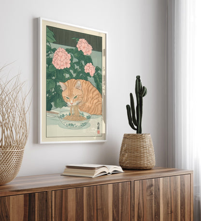 Playful illustration of an orange tabby enjoying a bowl of ramen with flowers in the background