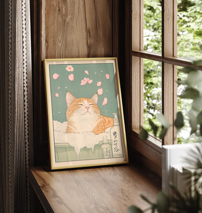 Minimalist bathroom print of a tabby cat lounging in a steamy bath surrounded by flowers and greenery