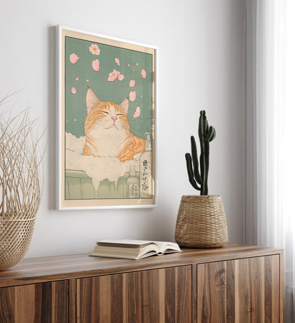 Zen-inspired tabby cat print with flowers and green leaves in tranquil bathroom setting