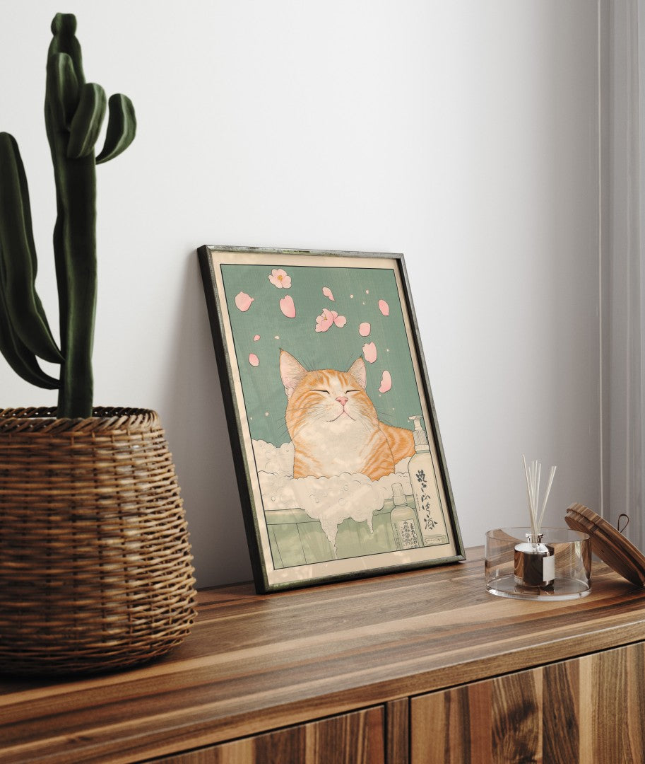 Cozy tabby cat artwork with Japanese bath elements, printed in soft tones and nature details