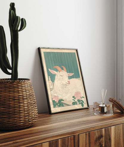 High-quality framed goat bathroom wall art with rustic feel and natural color