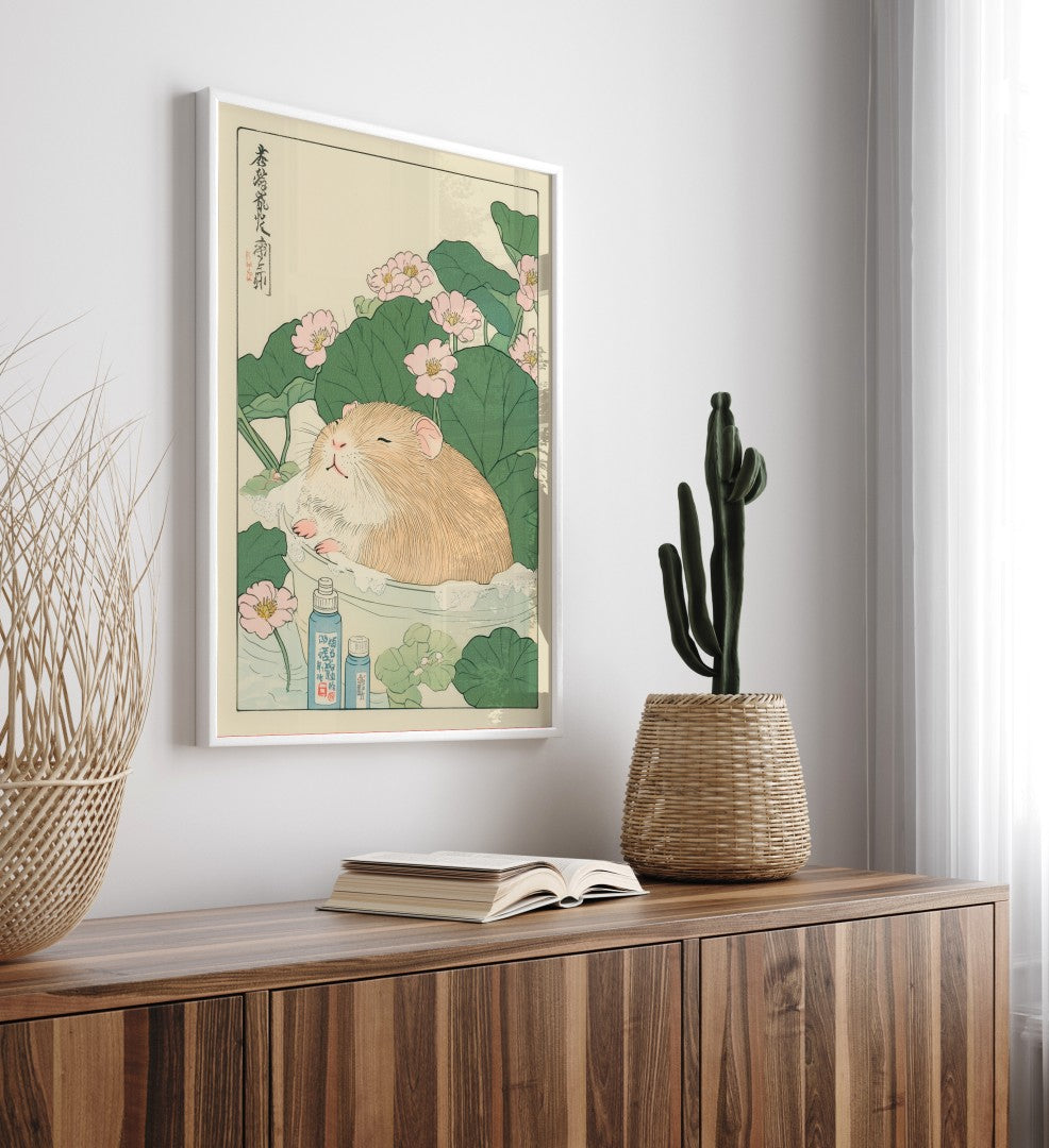 High-quality framed guinea pig bathroom wall art with cozy charm and soft background