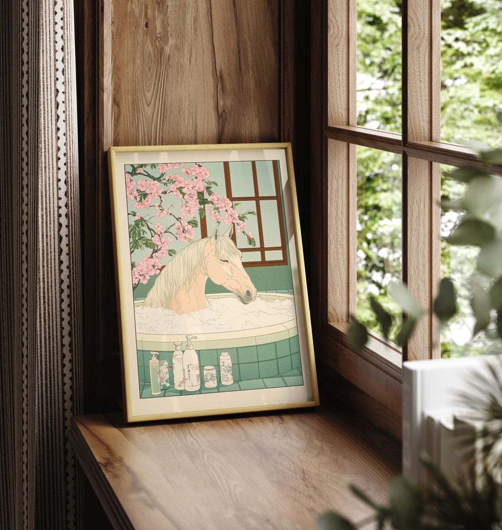 Framed bathroom print with a peaceful horse in a floral soak